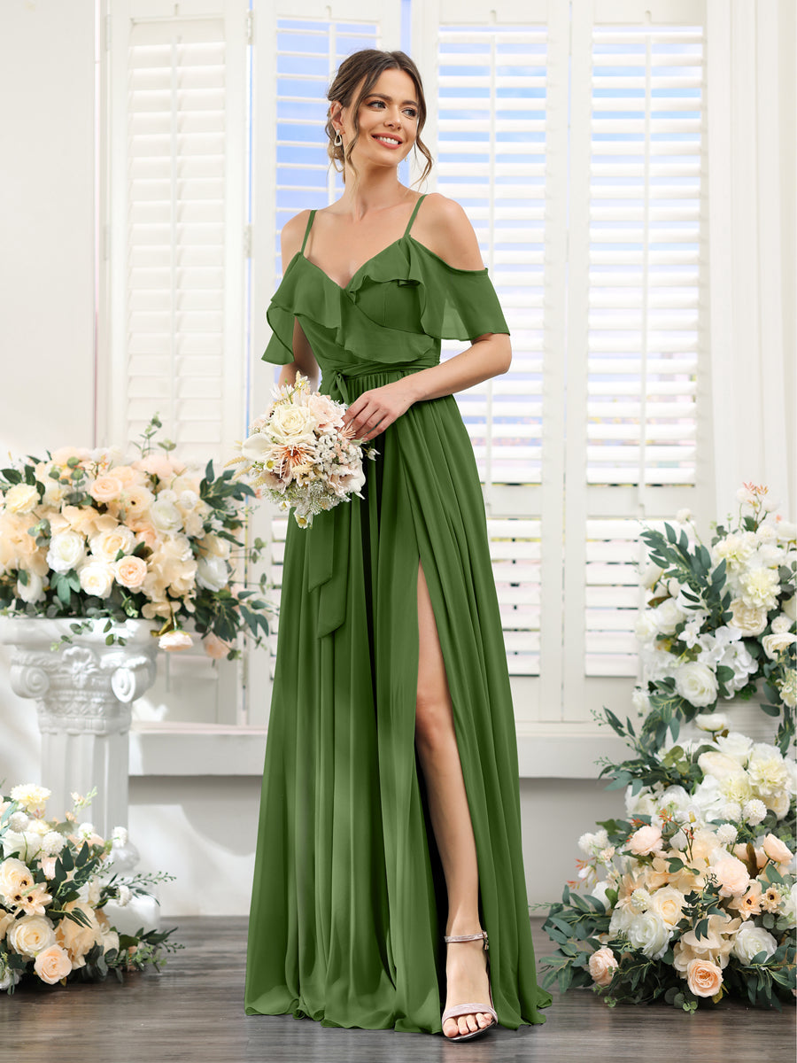 A-Line V-Neck Spaghetti Straps Chiffon Bridesmaid Dresses with Pockets Olive Green