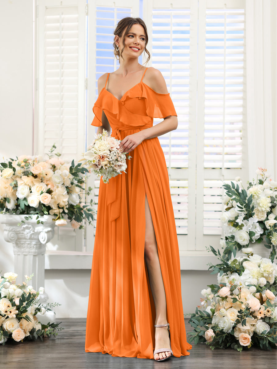 A-Line V-Neck Spaghetti Straps Chiffon Bridesmaid Dresses with Pockets Orange