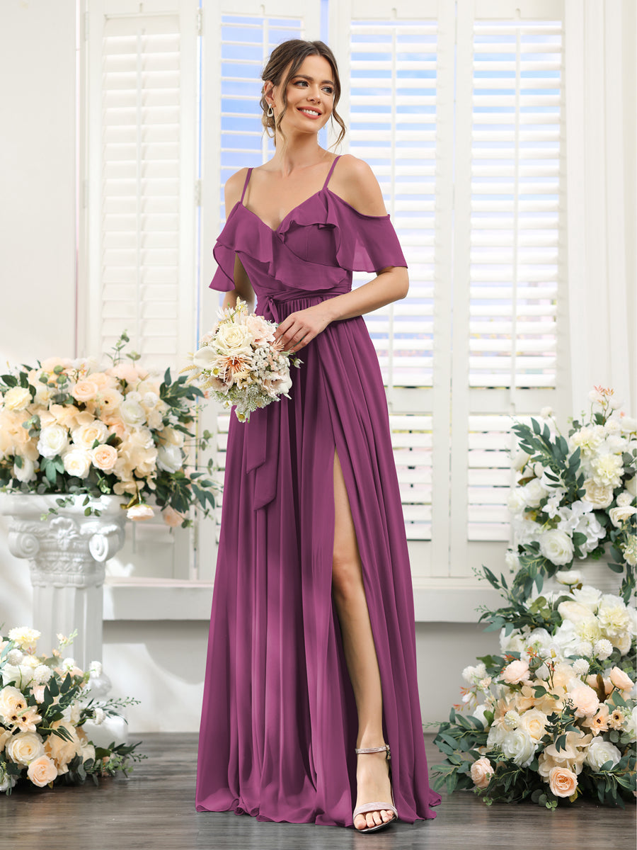 A-Line V-Neck Spaghetti Straps Chiffon Bridesmaid Dresses with Pockets Orchid