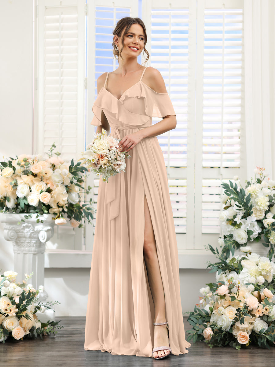A-Line V-Neck Spaghetti Straps Chiffon Bridesmaid Dresses with Pockets Peach Pink