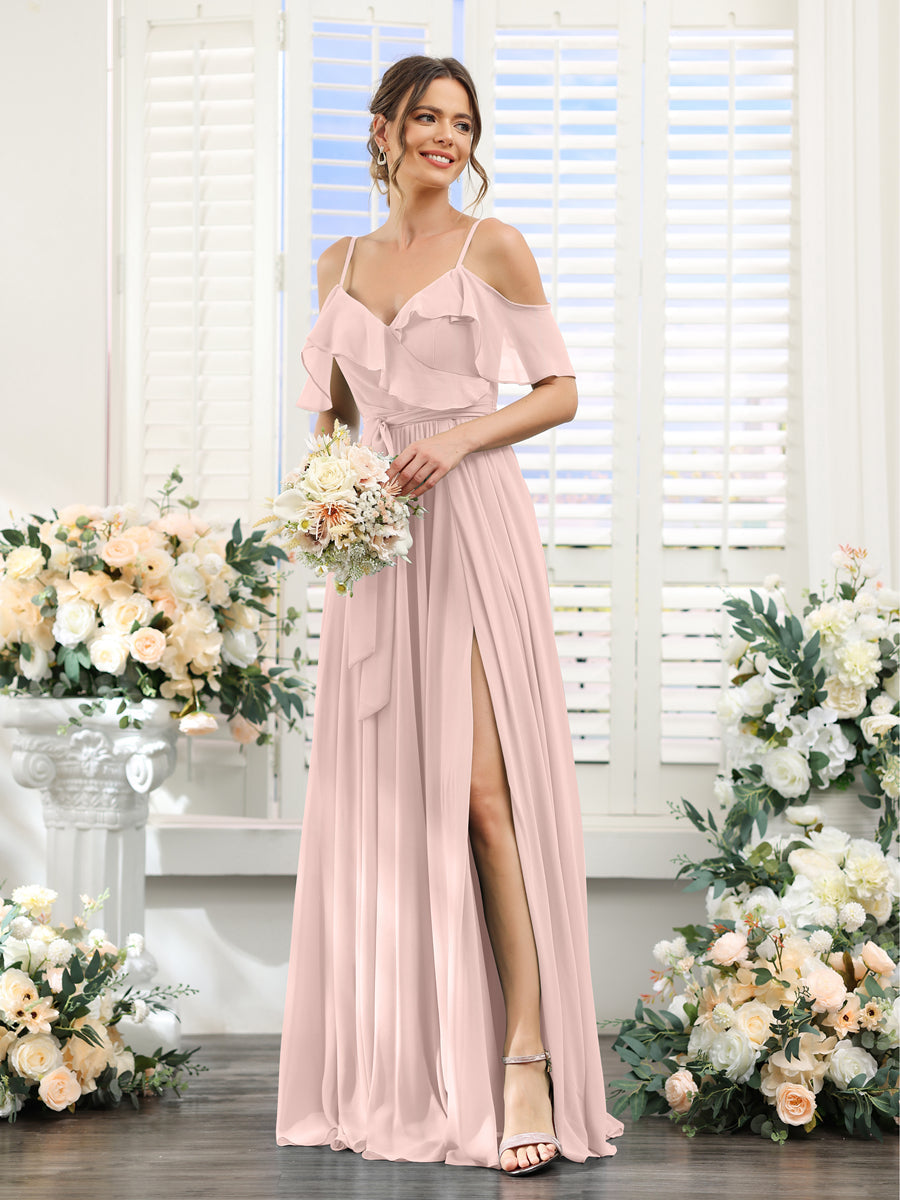 A-Line V-Neck Spaghetti Straps Chiffon Bridesmaid Dresses with Pockets Pearl Pink