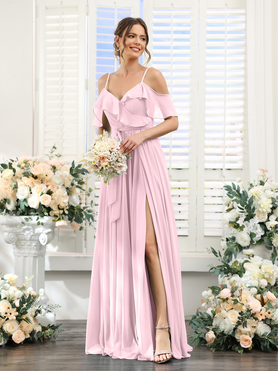 A-Line V-Neck Spaghetti Straps Chiffon Bridesmaid Dresses with Pockets Pink