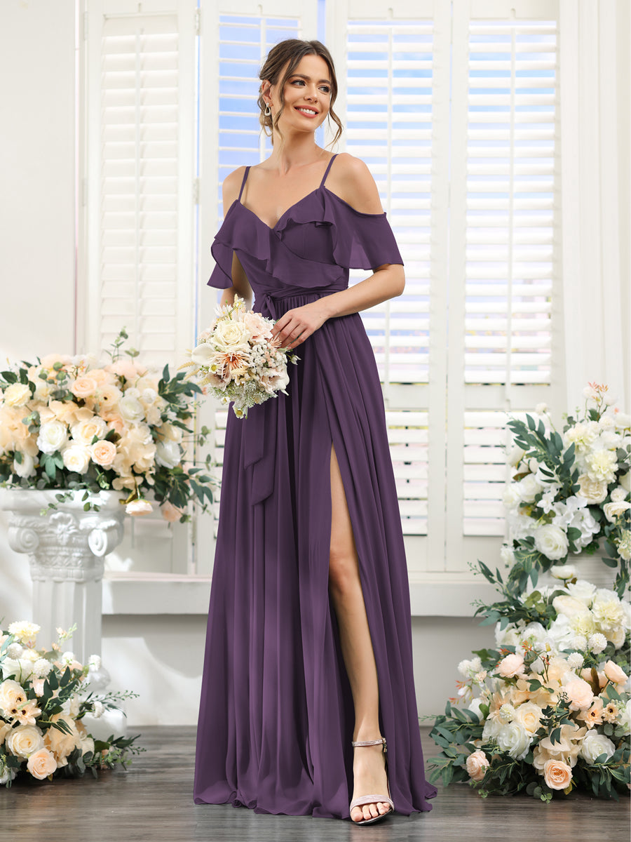 A-Line V-Neck Spaghetti Straps Chiffon Bridesmaid Dresses with Pockets Plum