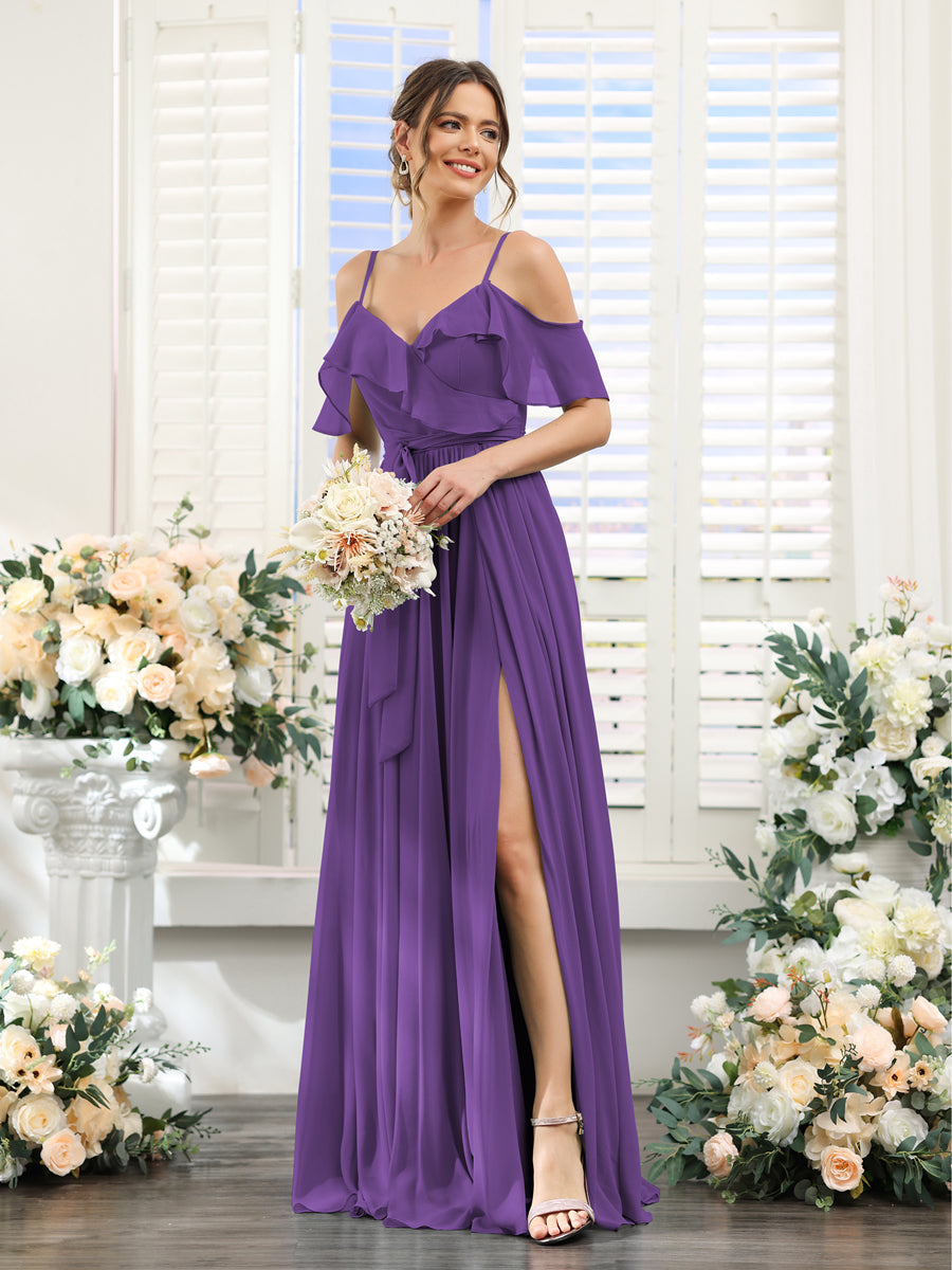 A-Line V-Neck Spaghetti Straps Chiffon Bridesmaid Dresses with Pockets Purple
