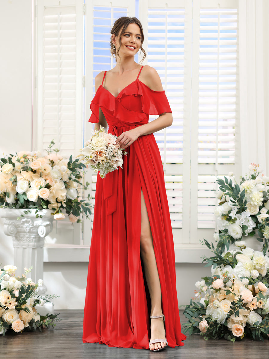 A-Line V-Neck Spaghetti Straps Chiffon Bridesmaid Dresses with Pockets Red