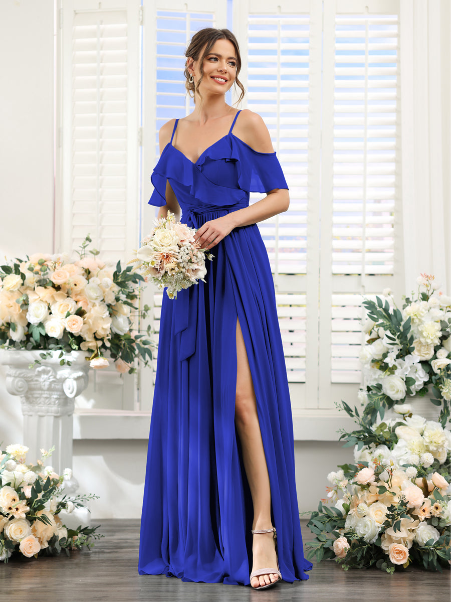 A-Line V-Neck Spaghetti Straps Chiffon Bridesmaid Dresses with Pockets Royal Blue