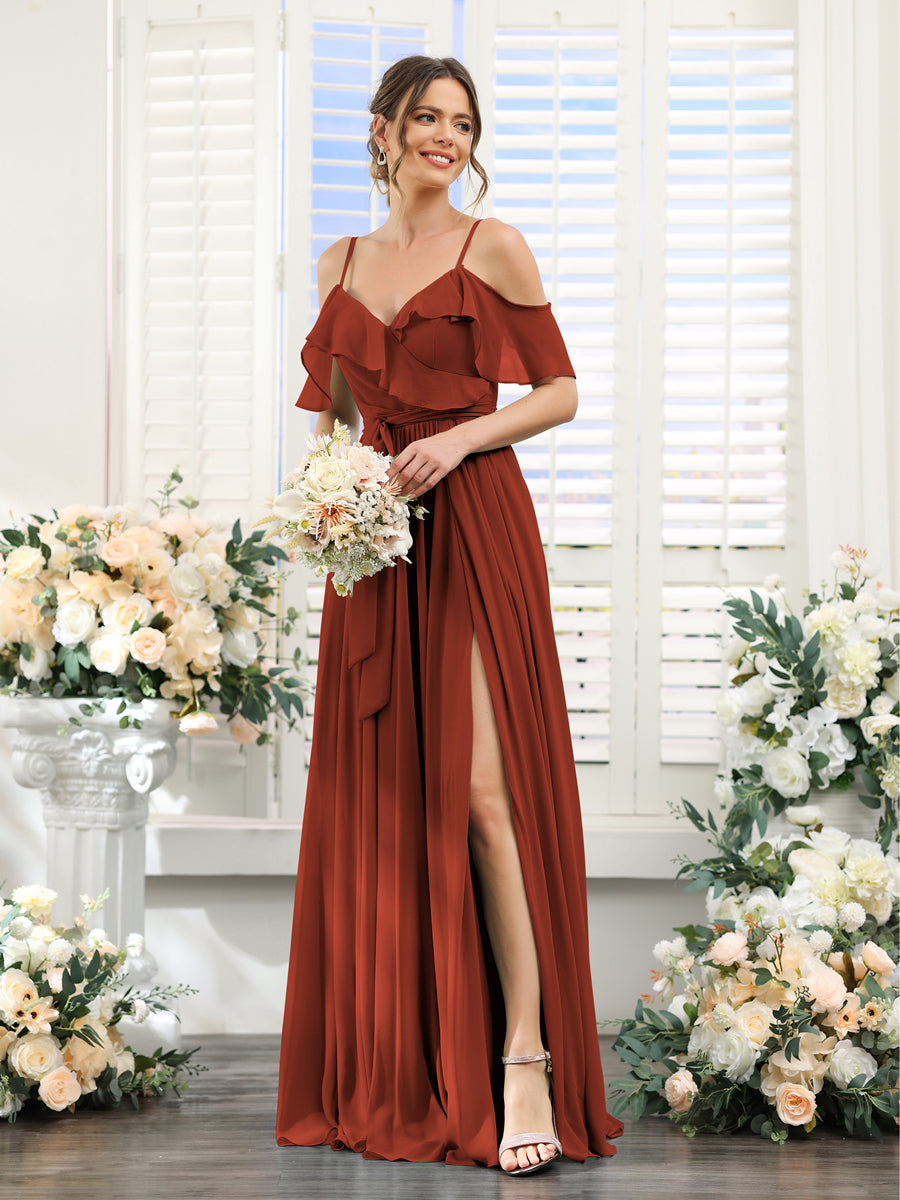 A-Line V-Neck Spaghetti Straps Chiffon Bridesmaid Dresses with Pockets Rust