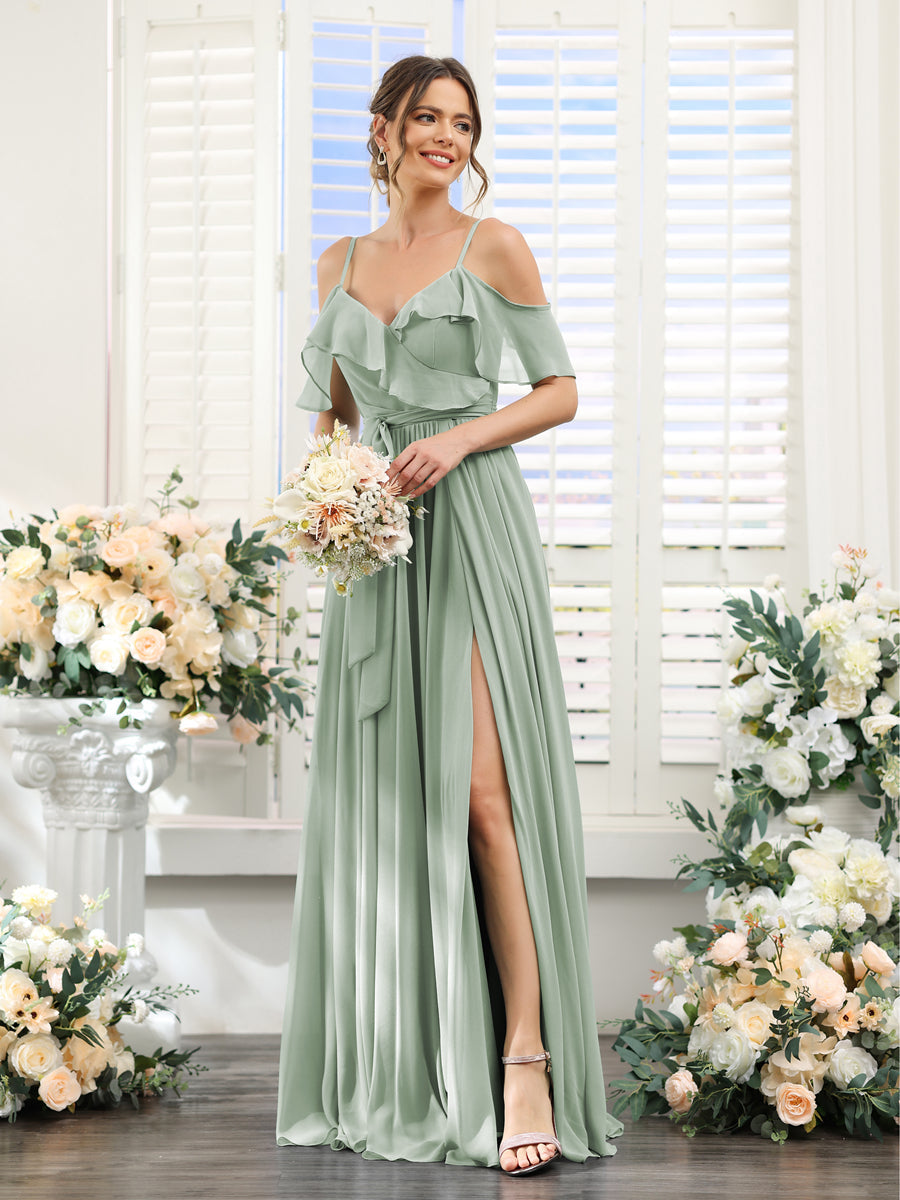 A-Line V-Neck Spaghetti Straps Chiffon Bridesmaid Dresses with Pockets Sage