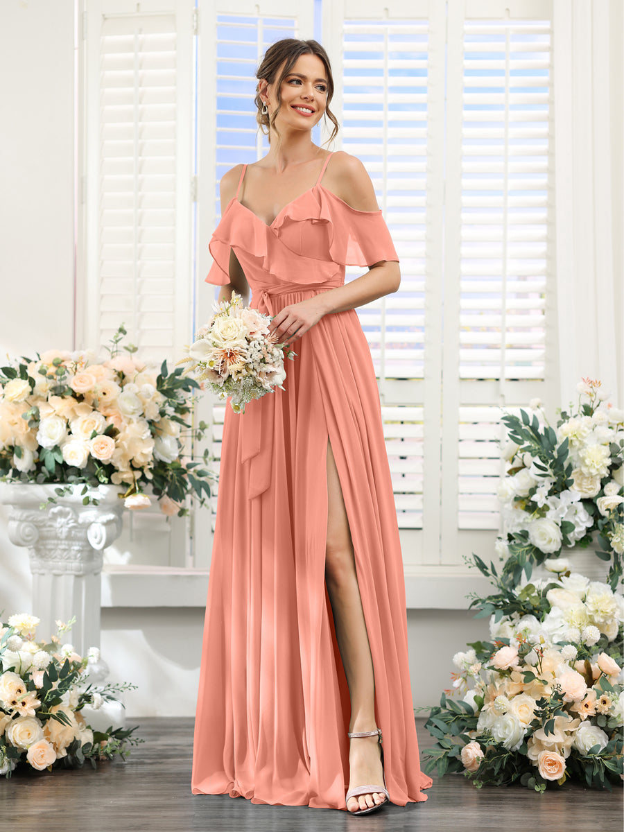 A-Line V-Neck Spaghetti Straps Chiffon Bridesmaid Dresses with Pockets Salmon