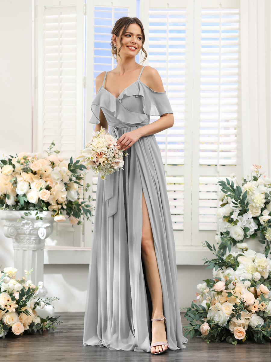 A-Line V-Neck Spaghetti Straps Chiffon Bridesmaid Dresses with Pockets Silver