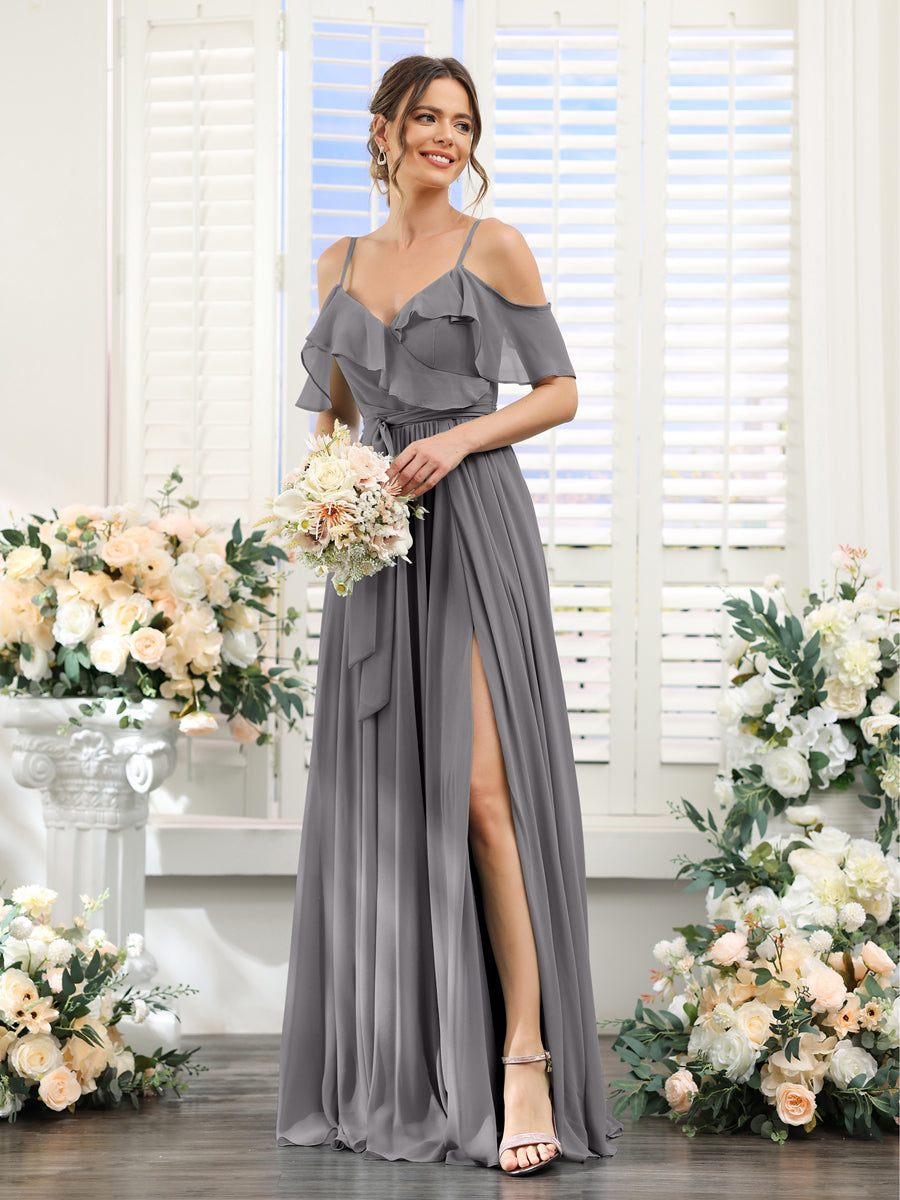 A-Line V-Neck Spaghetti Straps Chiffon Bridesmaid Dresses with Pockets Silver Gray