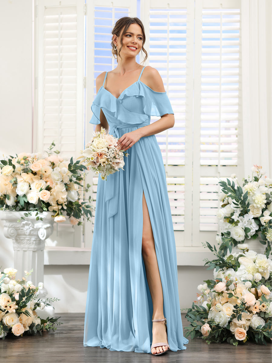A-Line V-Neck Spaghetti Straps Chiffon Bridesmaid Dresses with Pockets Sky Blue
