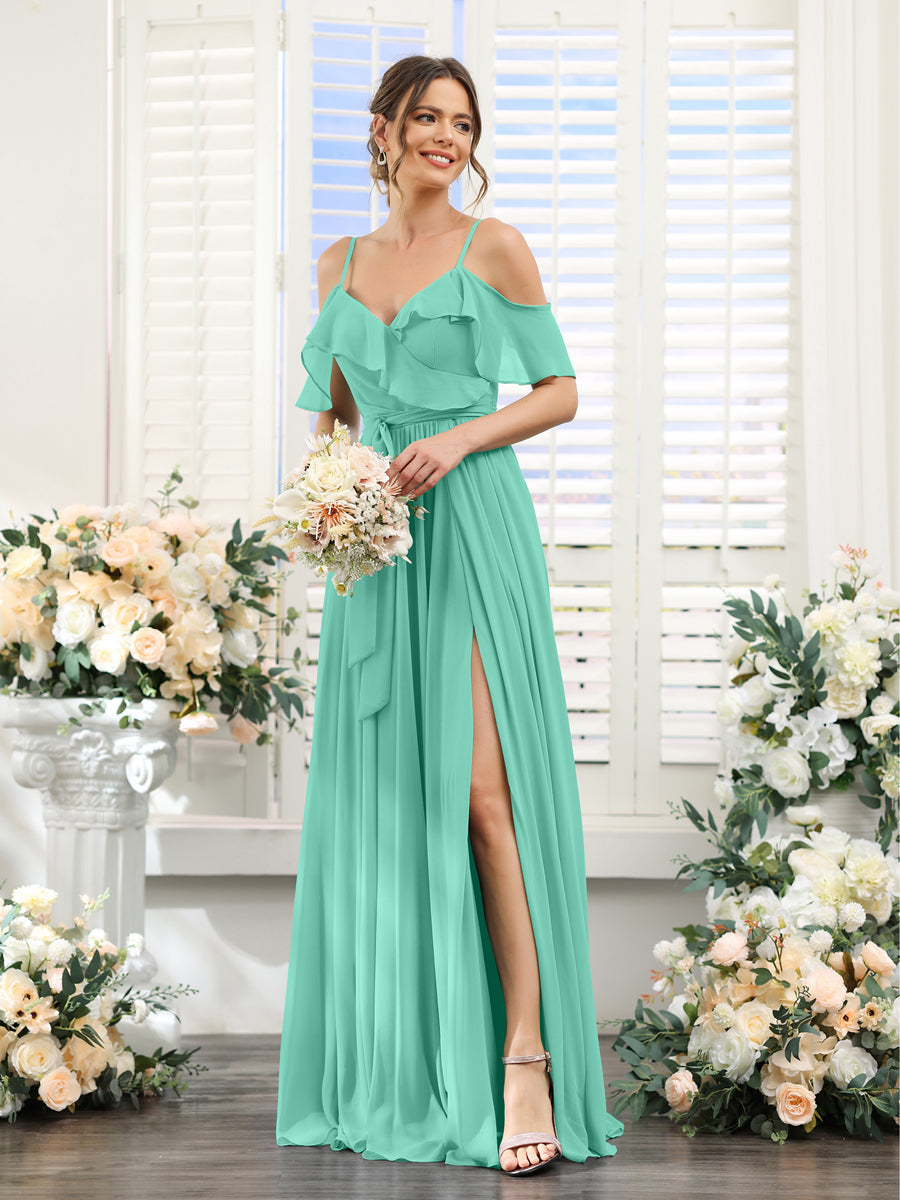 A-Line V-Neck Spaghetti Straps Chiffon Bridesmaid Dresses with Pockets Spa