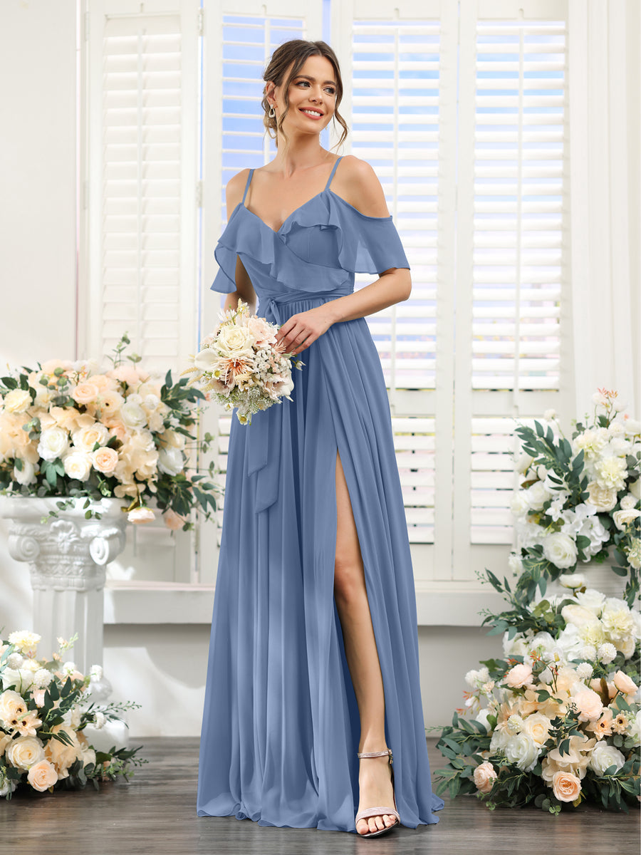 A-Line V-Neck Spaghetti Straps Chiffon Bridesmaid Dresses with Pockets Steel Blue