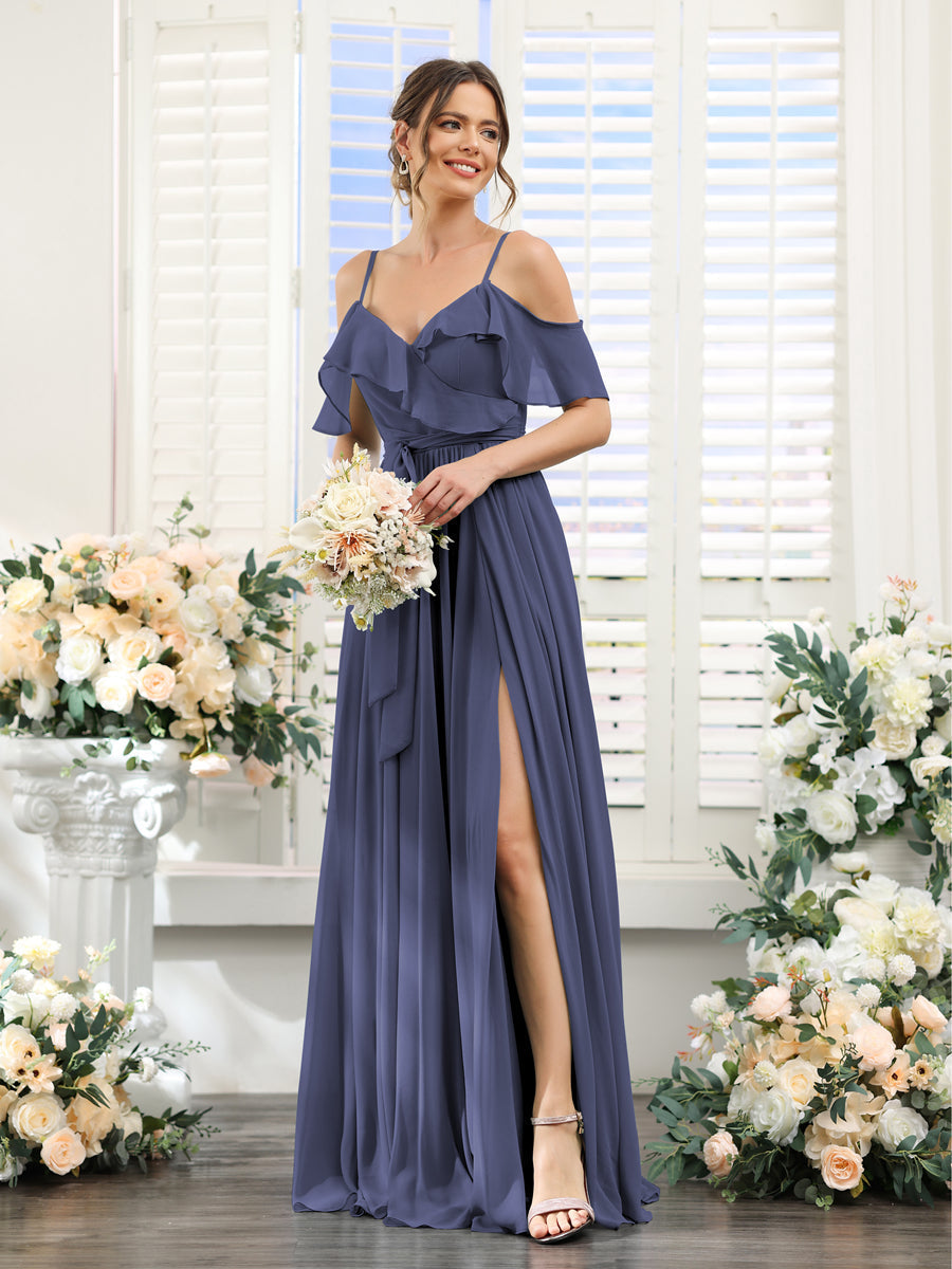 A-Line V-Neck Spaghetti Straps Chiffon Bridesmaid Dresses with Pockets Stormy Blue