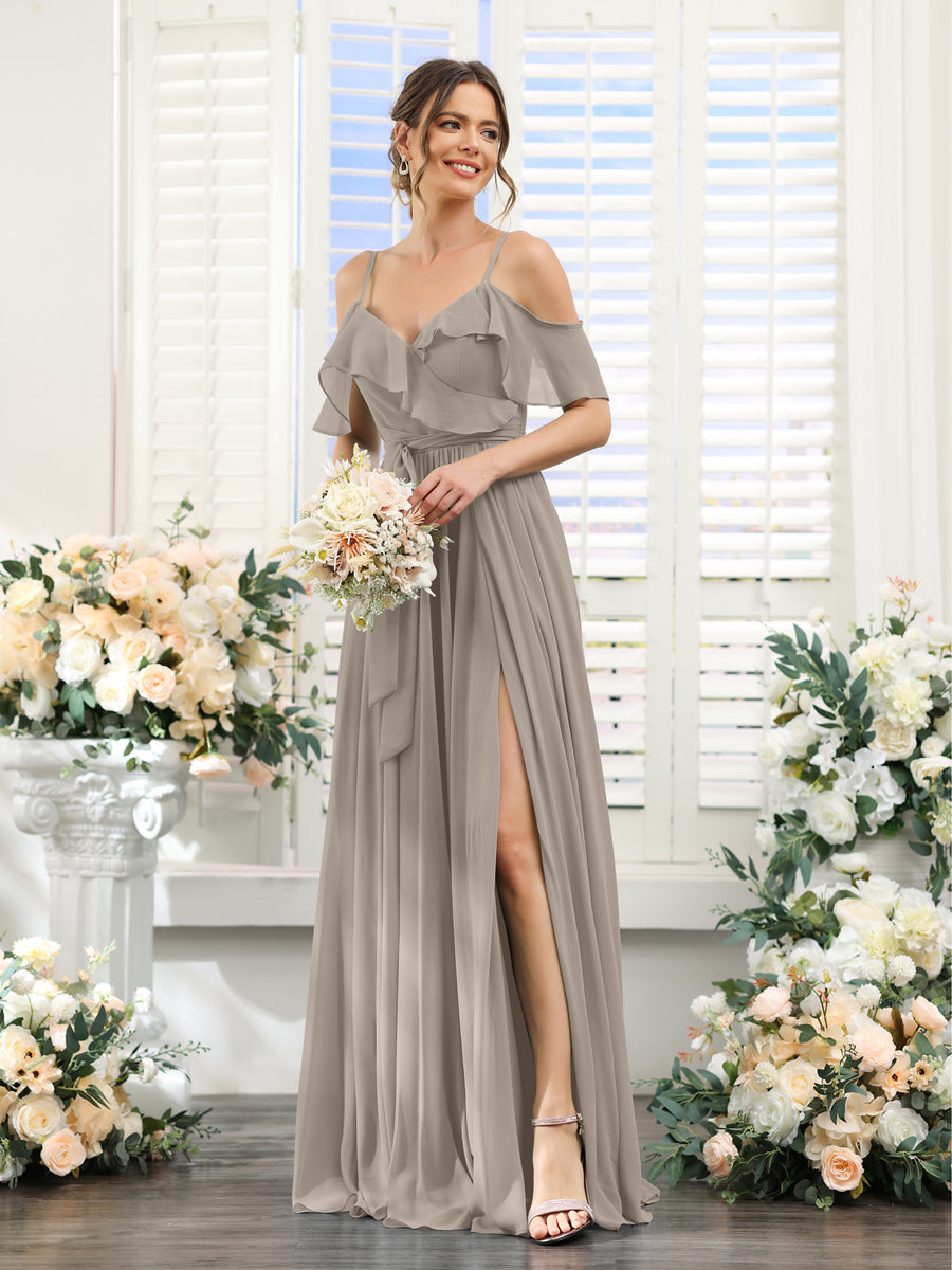 A-Line V-Neck Spaghetti Straps Chiffon Bridesmaid Dresses with Pockets Taupe