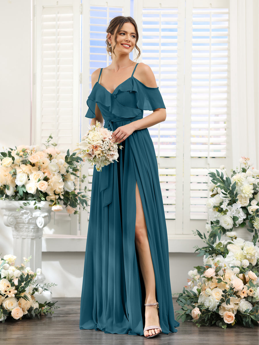 A-Line V-Neck Spaghetti Straps Chiffon Bridesmaid Dresses with Pockets Teal