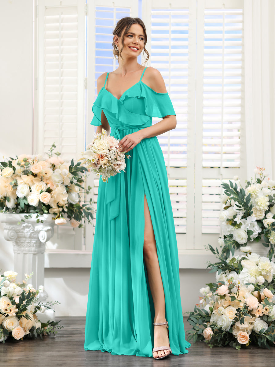 A-Line V-Neck Spaghetti Straps Chiffon Bridesmaid Dresses with Pockets Turquoise