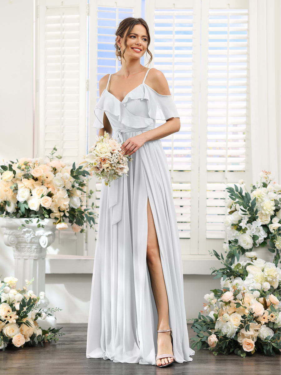 A-Line V-Neck Spaghetti Straps Chiffon Bridesmaid Dresses with Pockets White