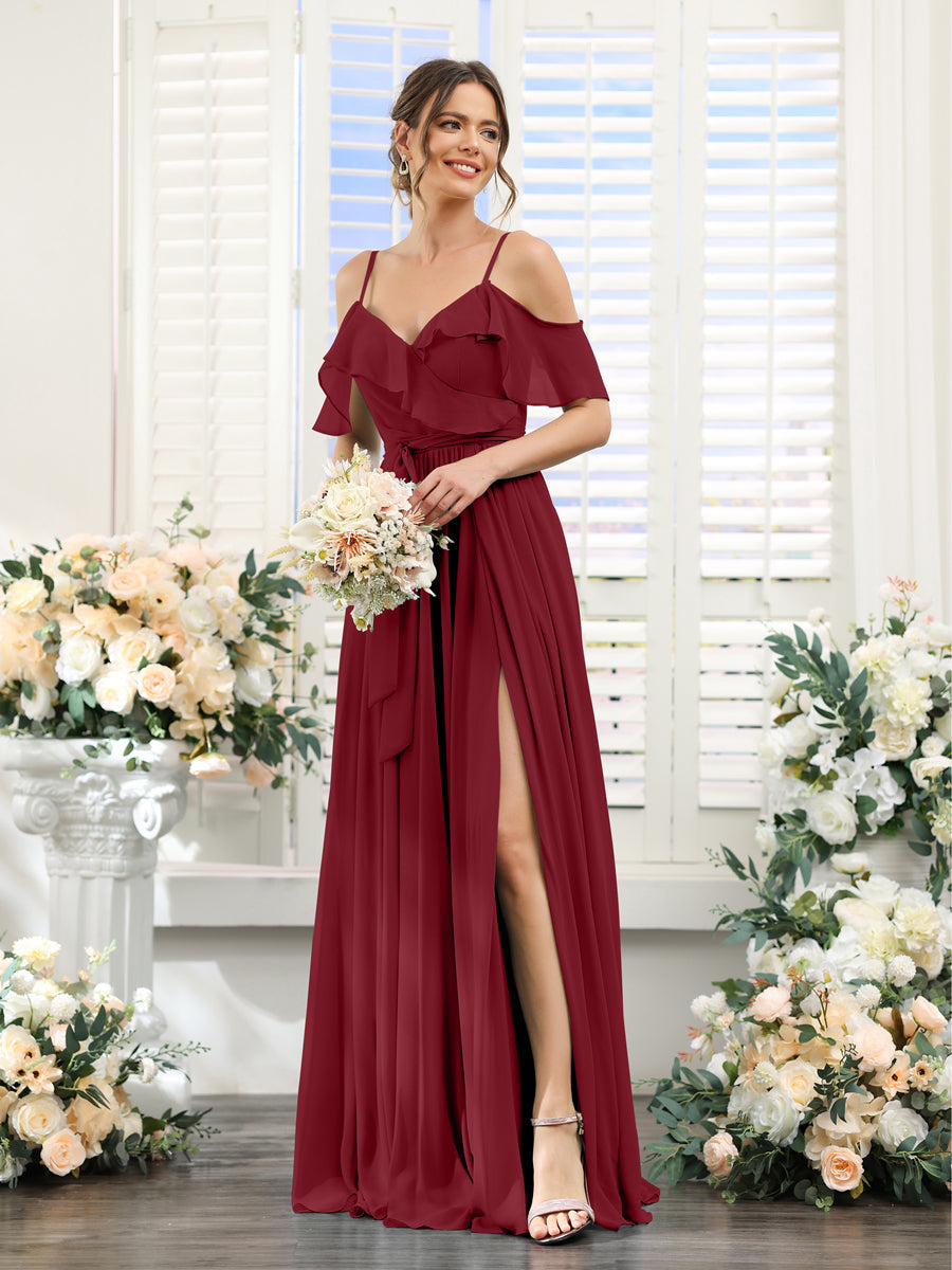 A-Line V-Neck Spaghetti Straps Chiffon Bridesmaid Dresses with Pockets Wine Red