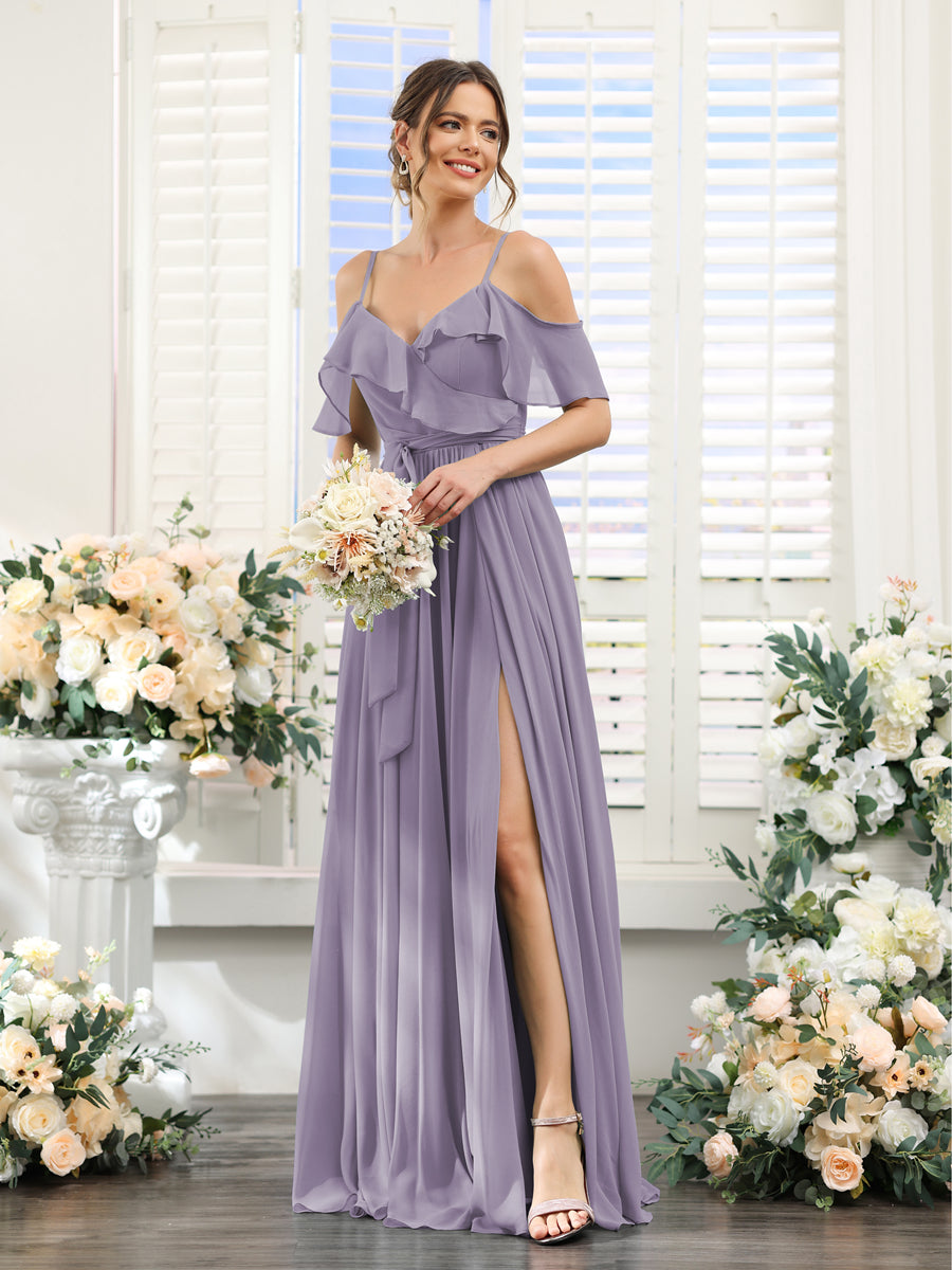 A-Line V-Neck Spaghetti Straps Chiffon Bridesmaid Dresses with Pockets Wisteria