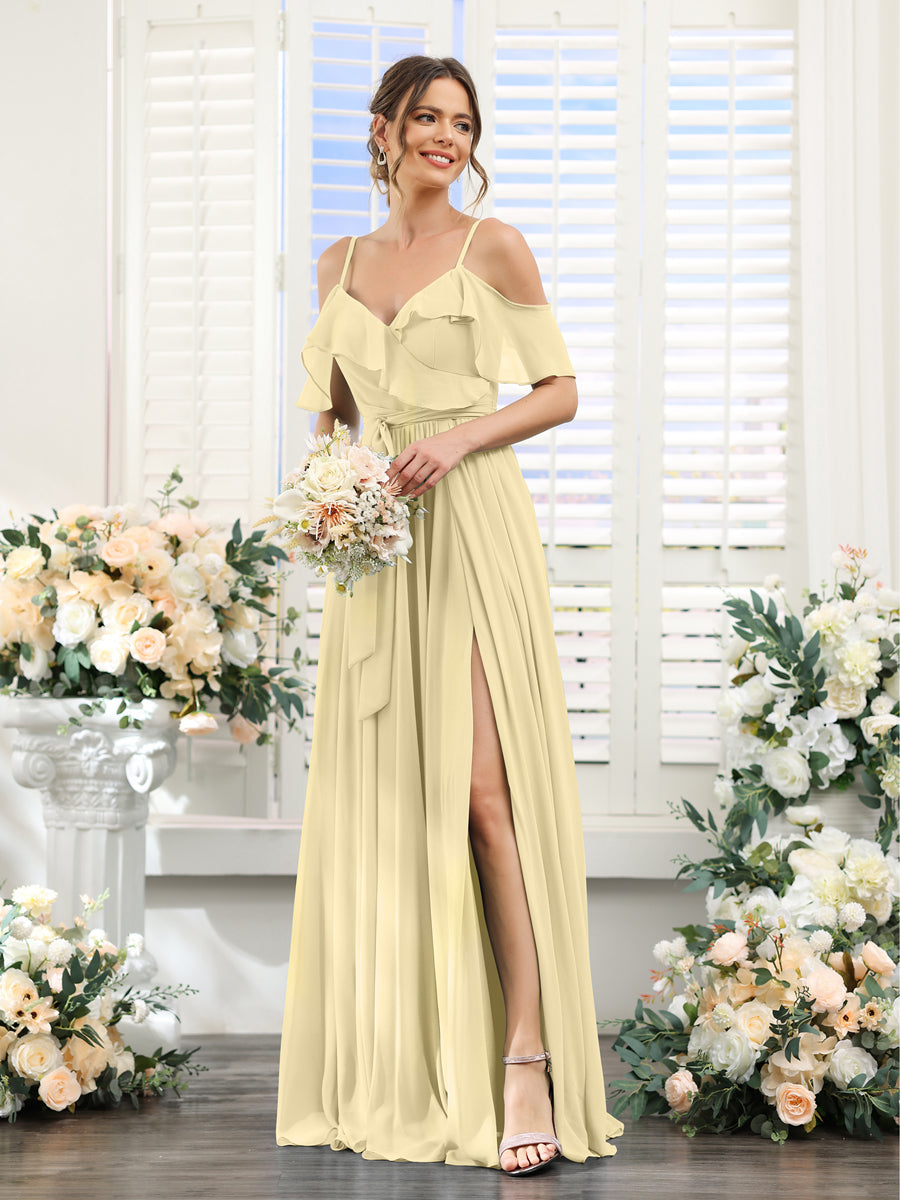 A-Line V-Neck Spaghetti Straps Chiffon Bridesmaid Dresses with Pockets Yellow