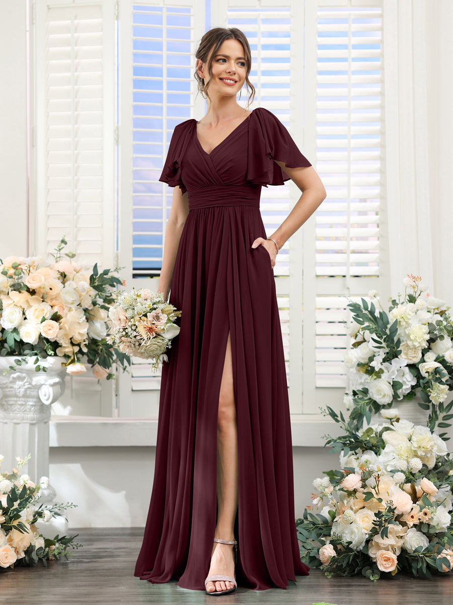 A-Line V-Neck Short Sleeves Split Side Chiffon Bridesmaid Dresses with Pockets Burgundy