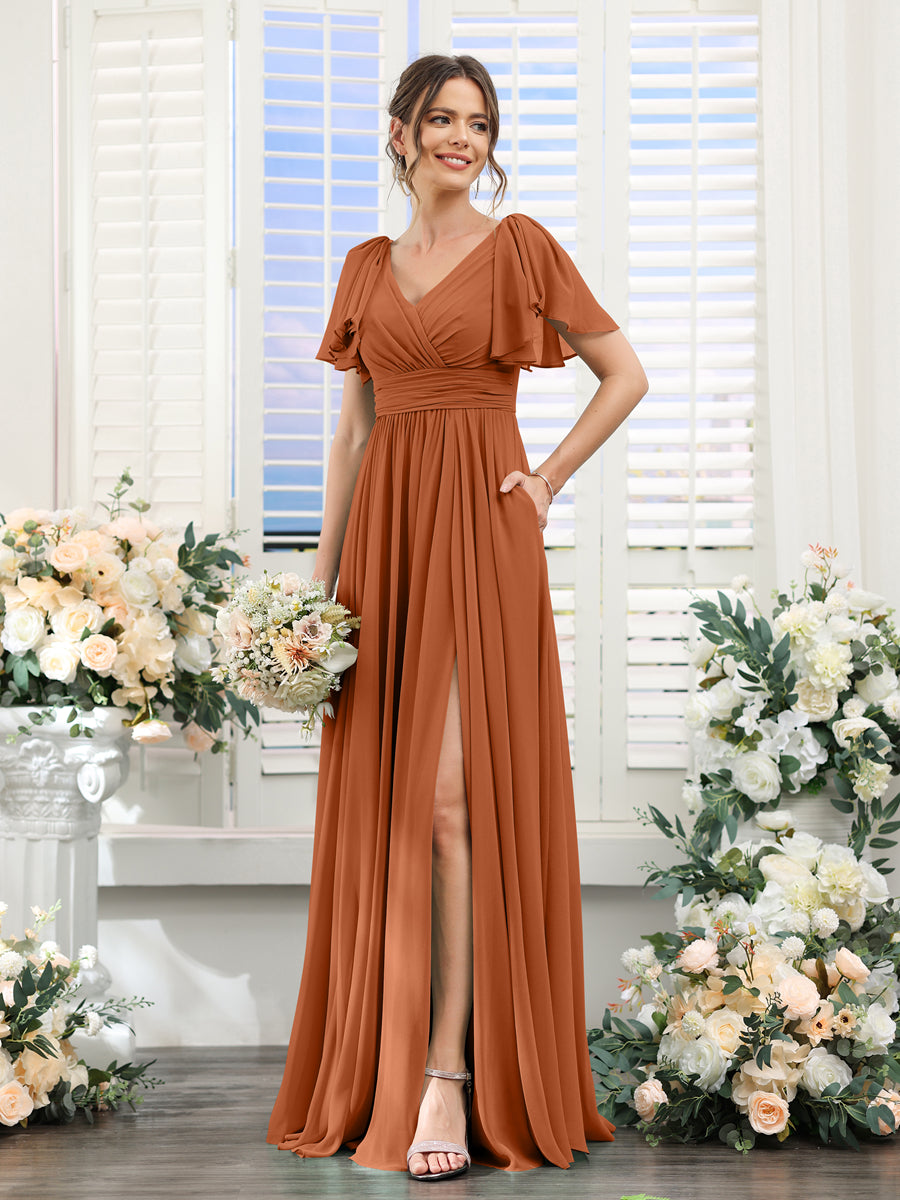A-Line V-Neck Short Sleeves Split Side Chiffon Bridesmaid Dresses with Pockets Burnt Orange