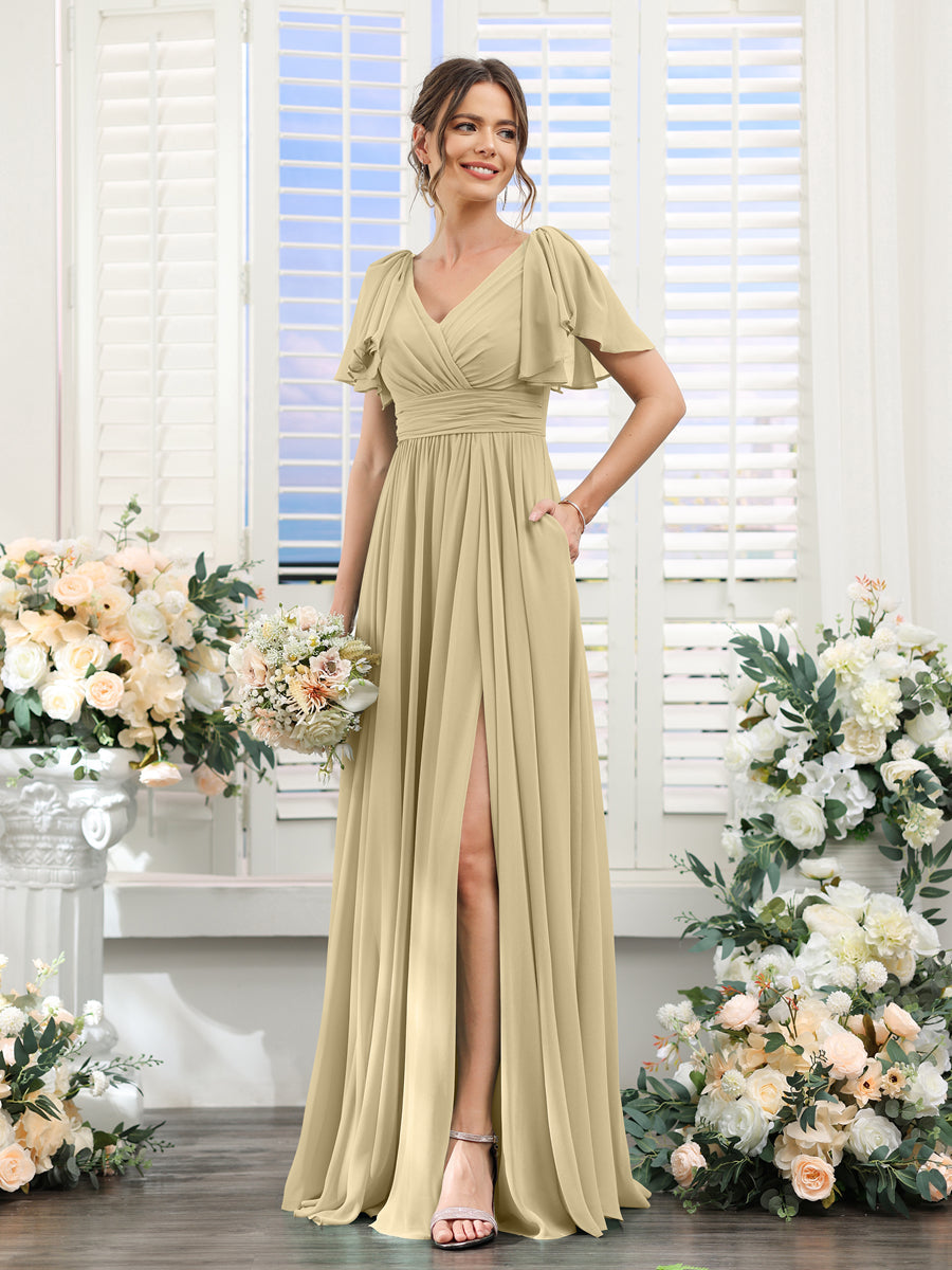 A-Line V-Neck Short Sleeves Split Side Chiffon Bridesmaid Dresses with Pockets Champagne