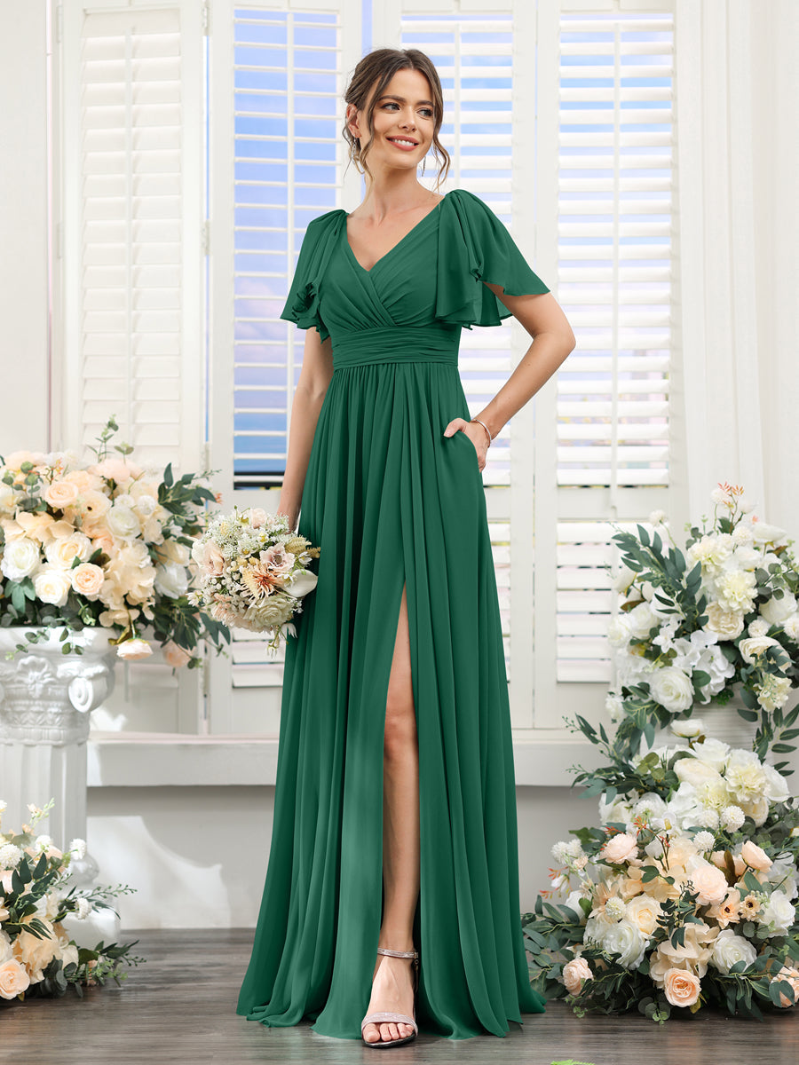A-Line V-Neck Short Sleeves Split Side Chiffon Bridesmaid Dresses with Pockets Dark Green