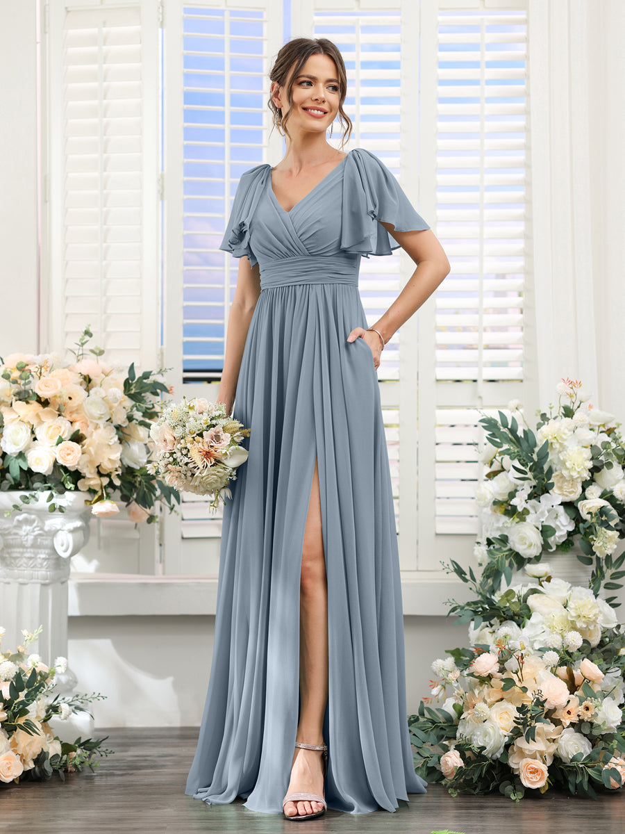 A-Line V-Neck Short Sleeves Split Side Chiffon Bridesmaid Dresses with Pockets Dusty Blue