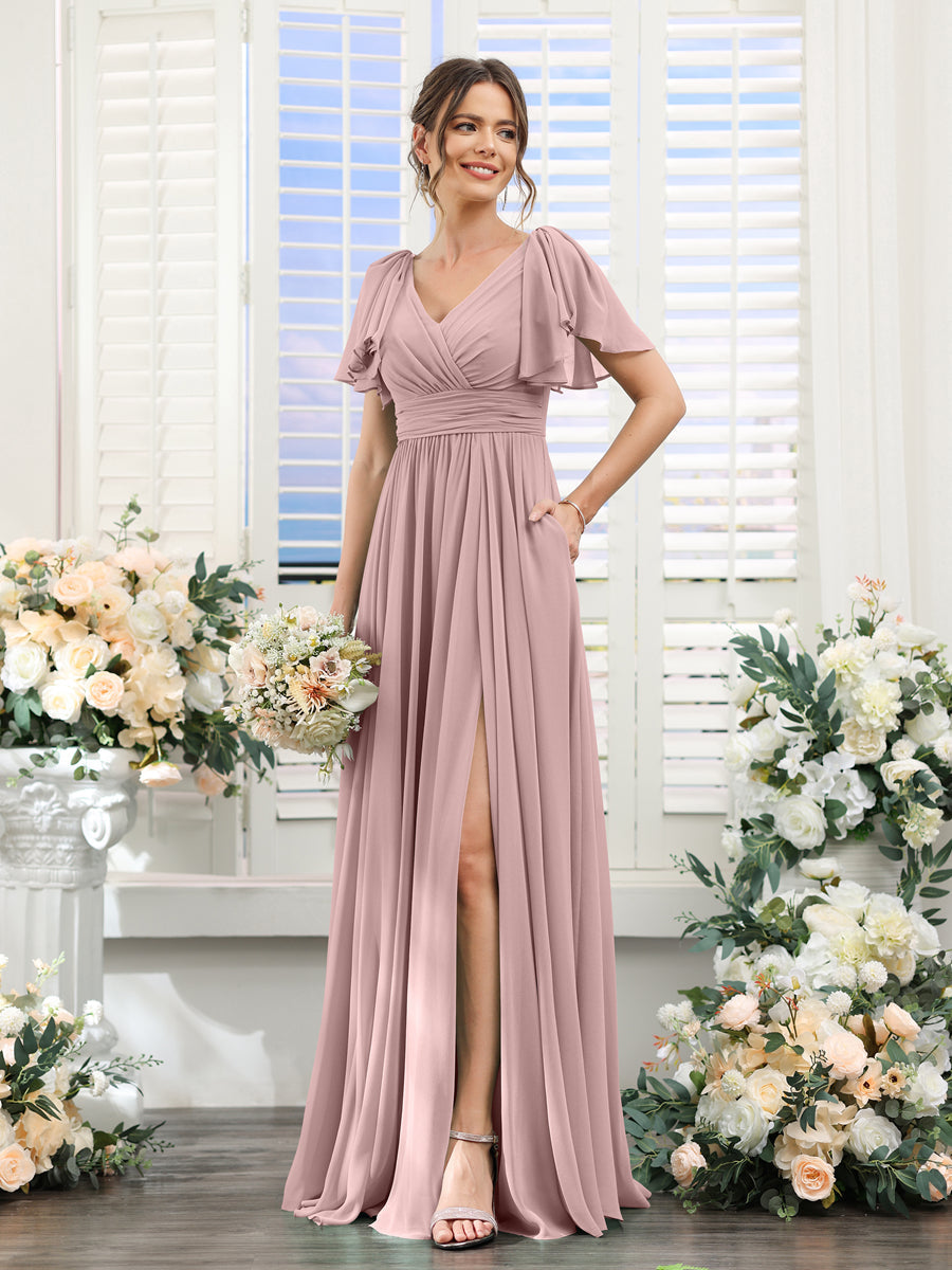 A-Line V-Neck Short Sleeves Split Side Chiffon Bridesmaid Dresses with Pockets Dusty Pink