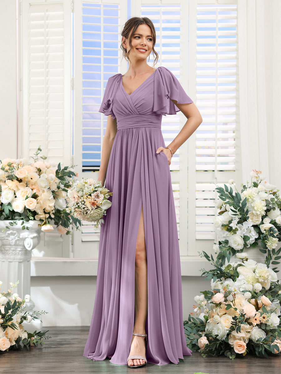 A-Line V-Neck Short Sleeves Split Side Chiffon Bridesmaid Dresses with Pockets Dusty Purple
