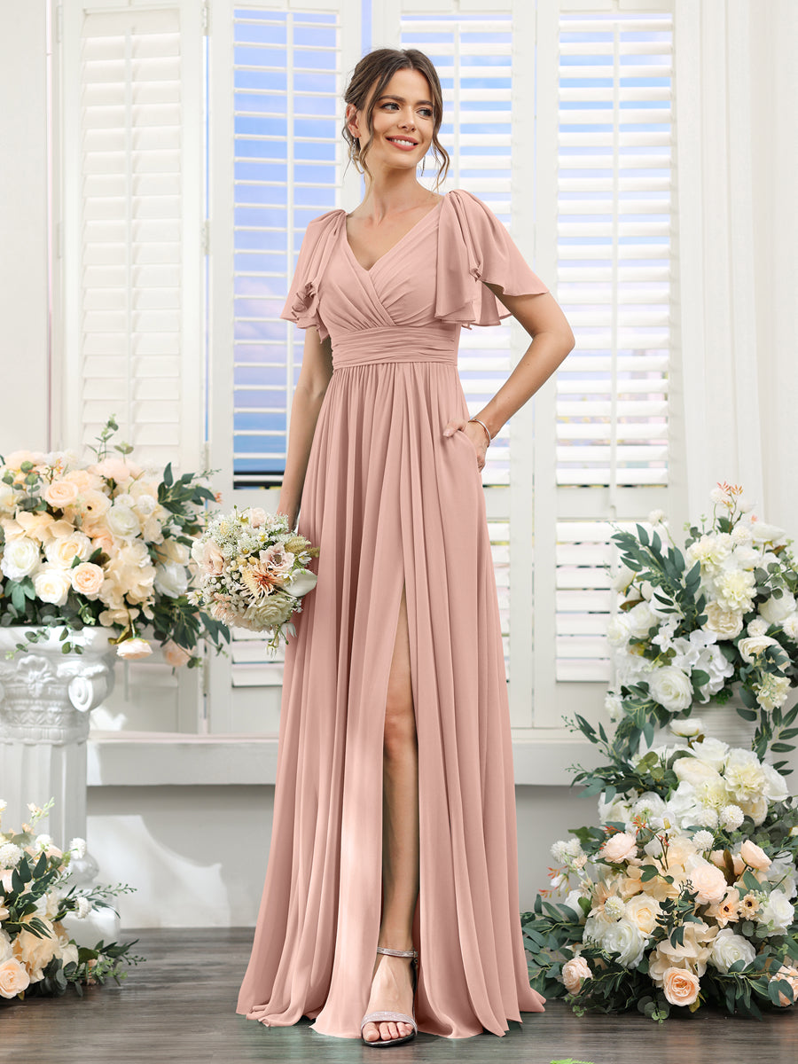 A-Line V-Neck Short Sleeves Split Side Chiffon Bridesmaid Dresses with Pockets Dusty Rose