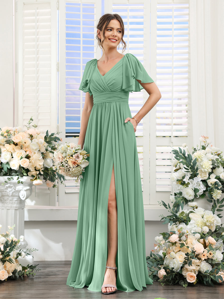 A-Line V-Neck Short Sleeves Split Side Chiffon Bridesmaid Dresses with Pockets Eucalyptus