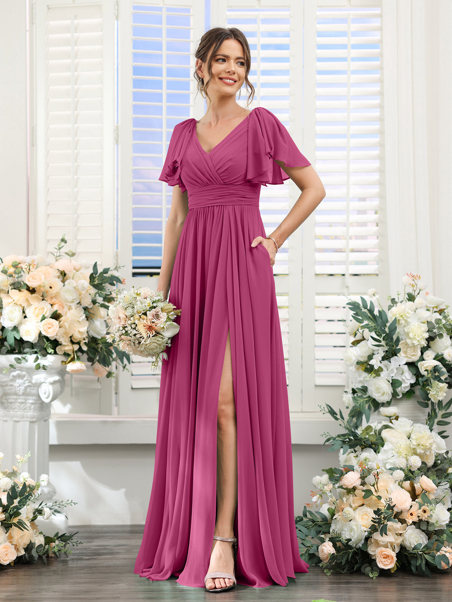 A-Line V-Neck Short Sleeves Split Side Chiffon Bridesmaid Dresses with Pockets Fuchsia