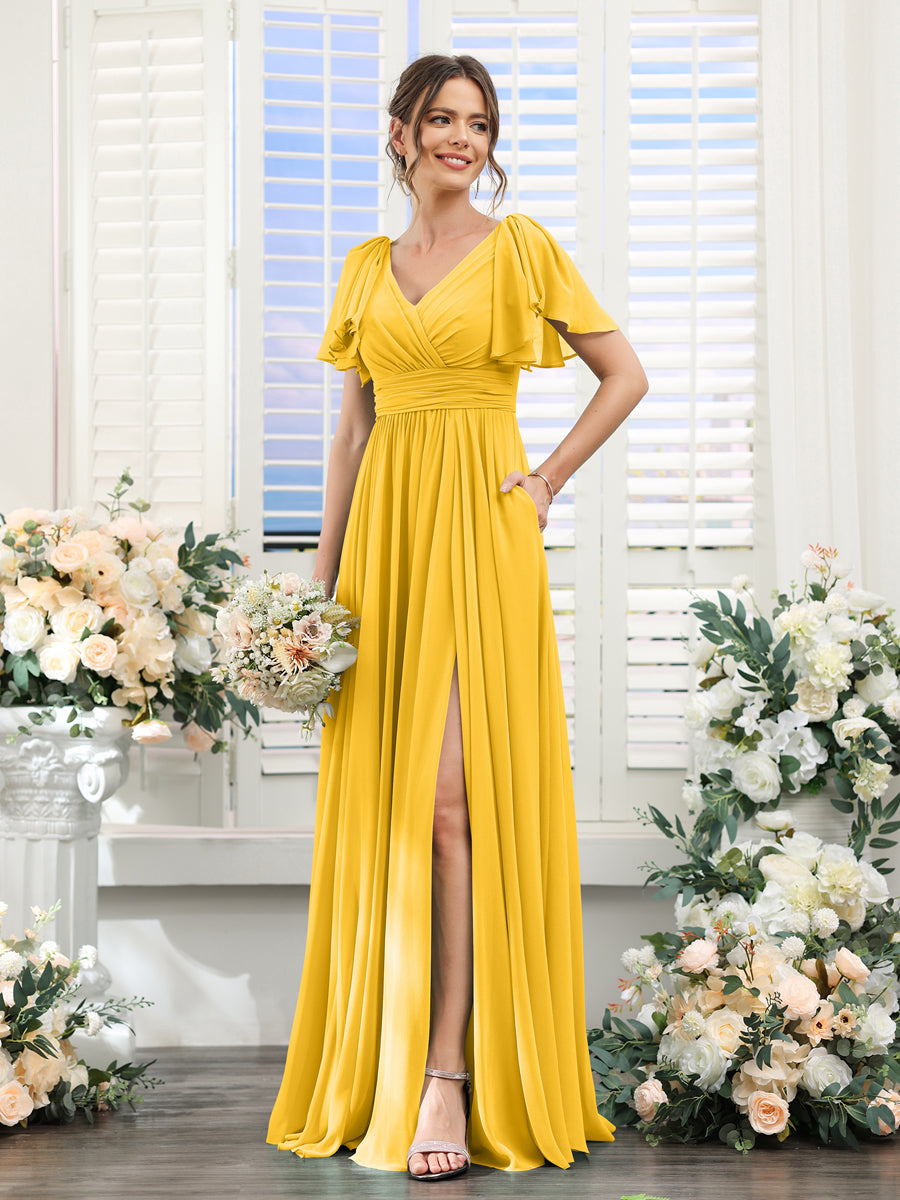 A-Line V-Neck Short Sleeves Split Side Chiffon Bridesmaid Dresses with Pockets Gold