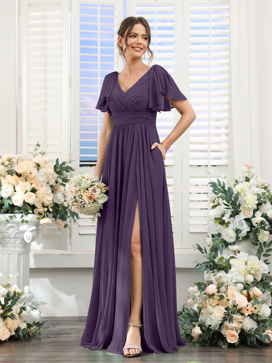 A-Line V-Neck Short Sleeves Split Side Chiffon Bridesmaid Dresses with Pockets Grape