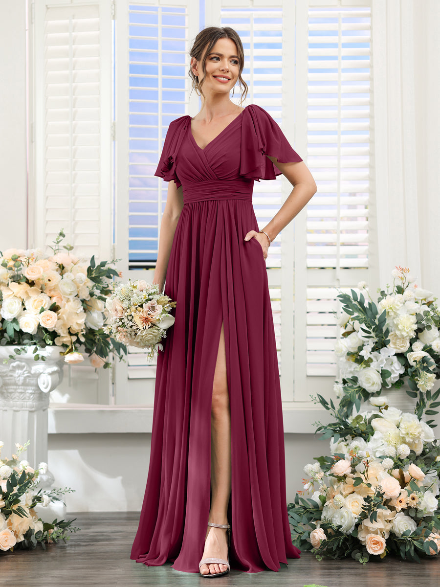 A-Line V-Neck Short Sleeves Split Side Chiffon Bridesmaid Dresses with Pockets Light Burgundy