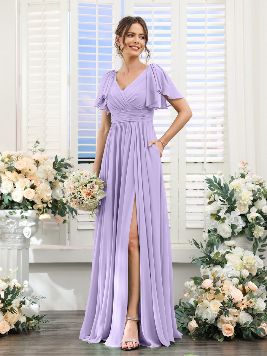 A-Line V-Neck Short Sleeves Split Side Chiffon Bridesmaid Dresses with Pockets Lilac