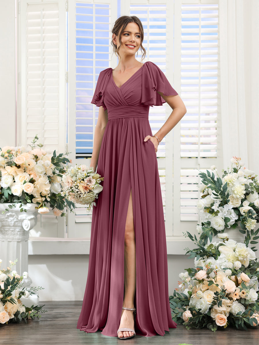 A-Line V-Neck Short Sleeves Split Side Chiffon Bridesmaid Dresses with Pockets Mulberry