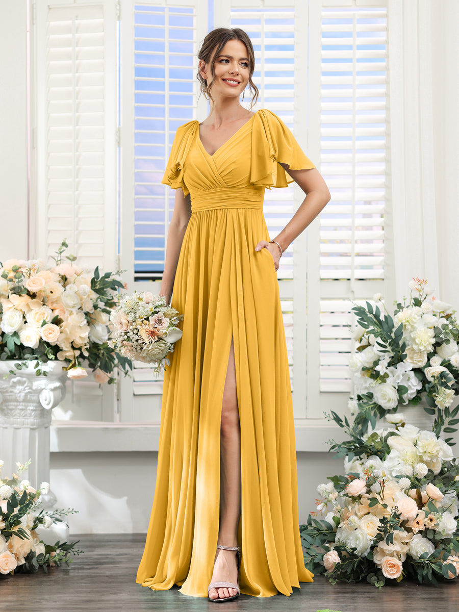 A-Line V-Neck Short Sleeves Split Side Chiffon Bridesmaid Dresses with Pockets Mustard Yellow