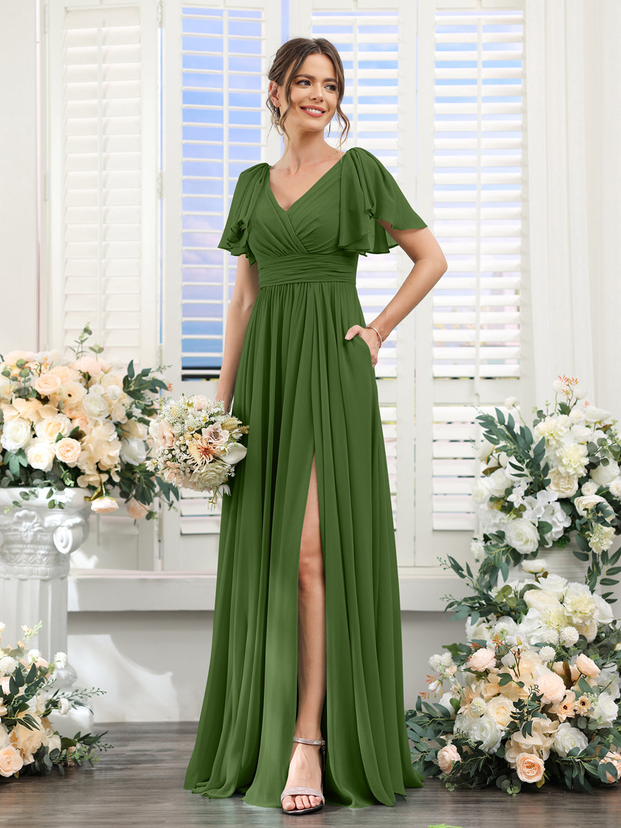 A-Line V-Neck Short Sleeves Split Side Chiffon Bridesmaid Dresses with Pockets Olive Green