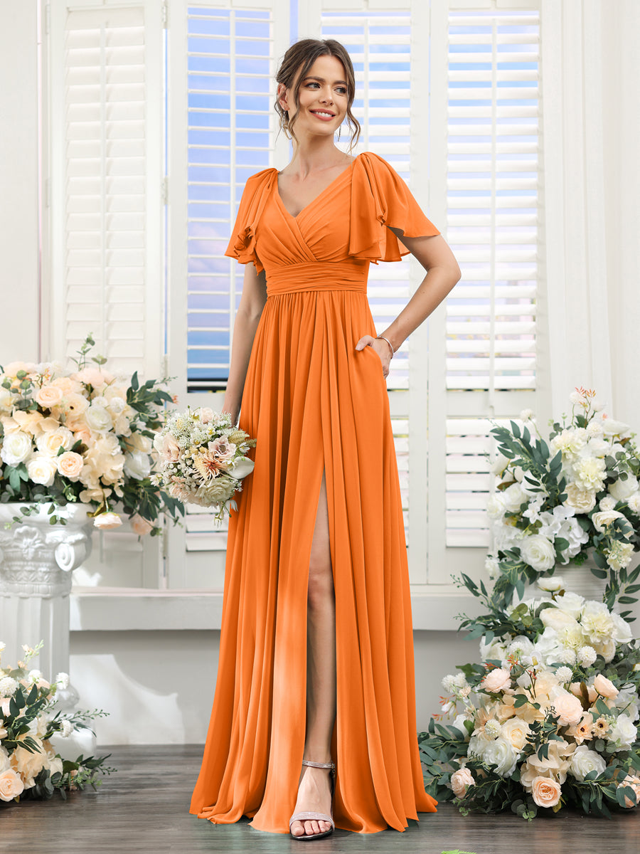 A-Line V-Neck Short Sleeves Split Side Chiffon Bridesmaid Dresses with Pockets Orange