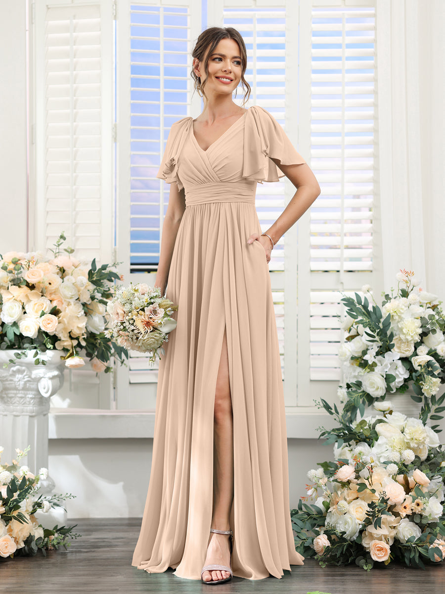 A-Line V-Neck Short Sleeves Split Side Chiffon Bridesmaid Dresses with Pockets Peach Pink