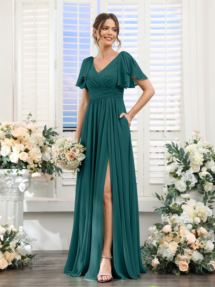 A-Line V-Neck Short Sleeves Split Side Chiffon Bridesmaid Dresses with Pockets Peacock