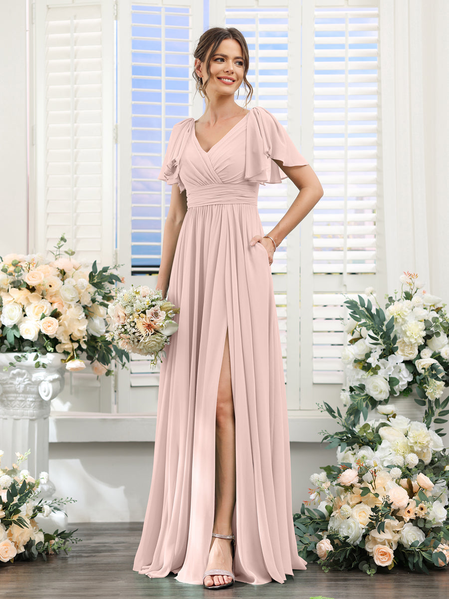A-Line V-Neck Short Sleeves Split Side Chiffon Bridesmaid Dresses with Pockets Pearl Pink