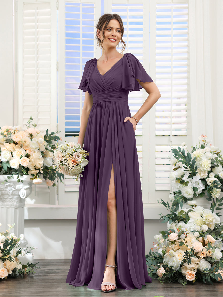 A-Line V-Neck Short Sleeves Split Side Chiffon Bridesmaid Dresses with Pockets Plum