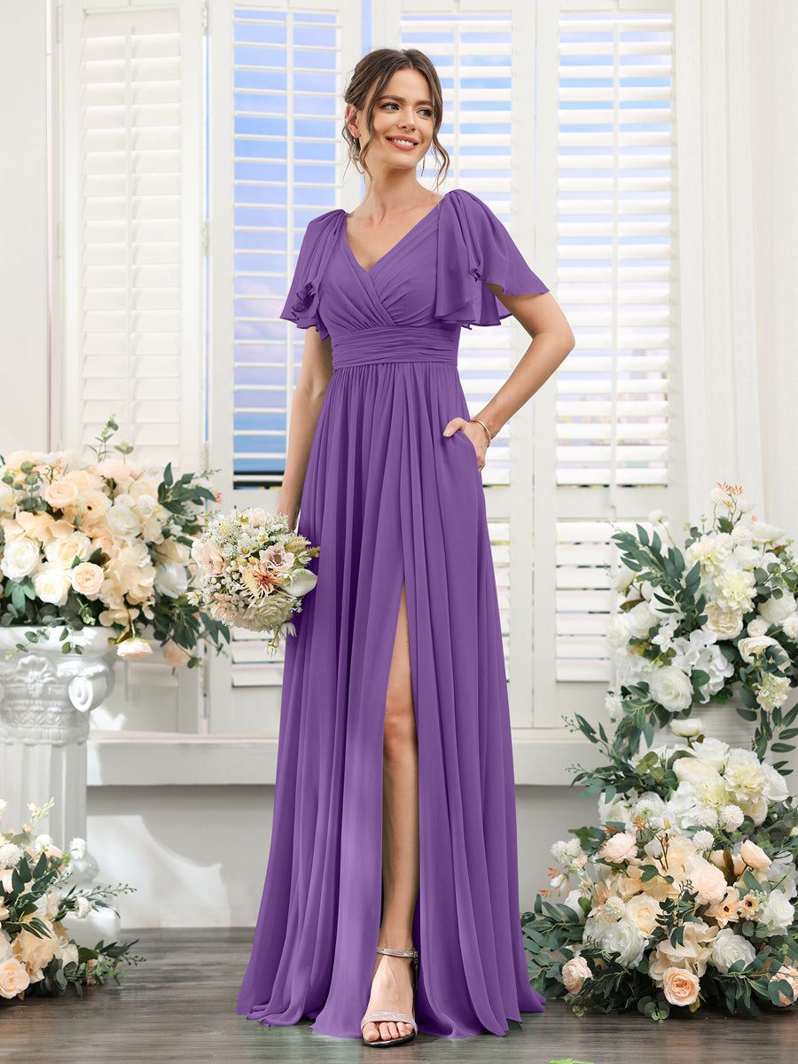 A-Line V-Neck Short Sleeves Split Side Chiffon Bridesmaid Dresses with Pockets Purple