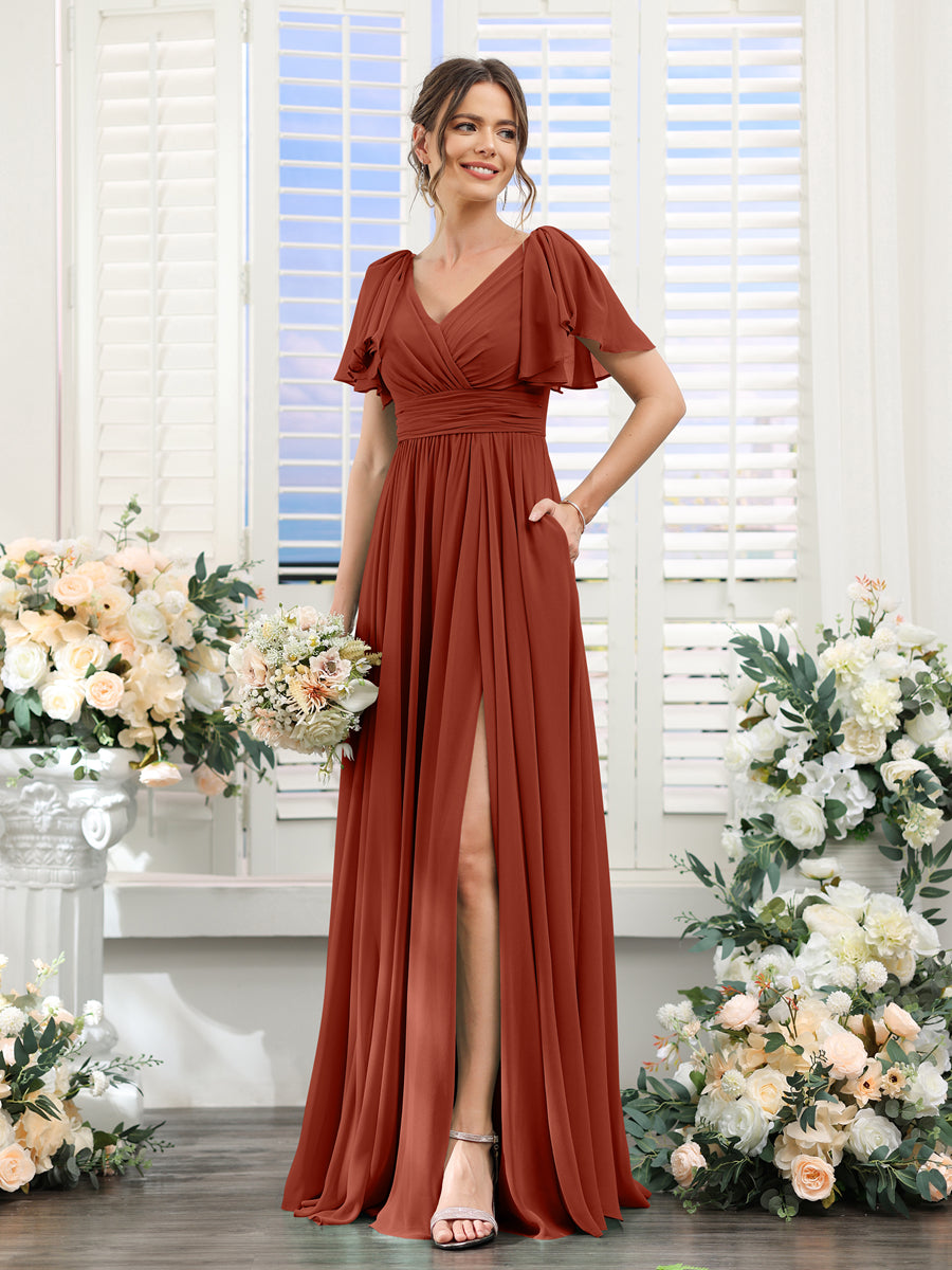 A-Line V-Neck Short Sleeves Split Side Chiffon Bridesmaid Dresses with Pockets Rust